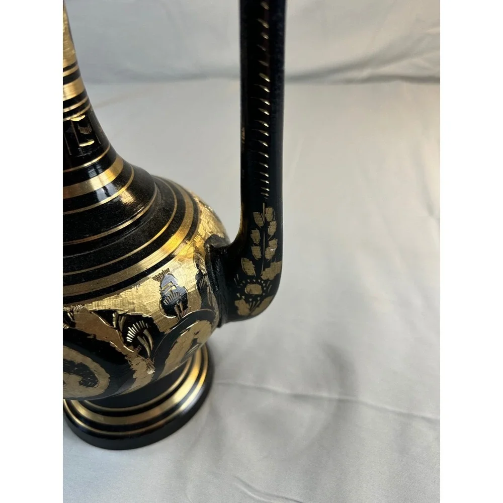 Vintage Brass And Black Etched Surahi Vessel - 18‎ 1/2